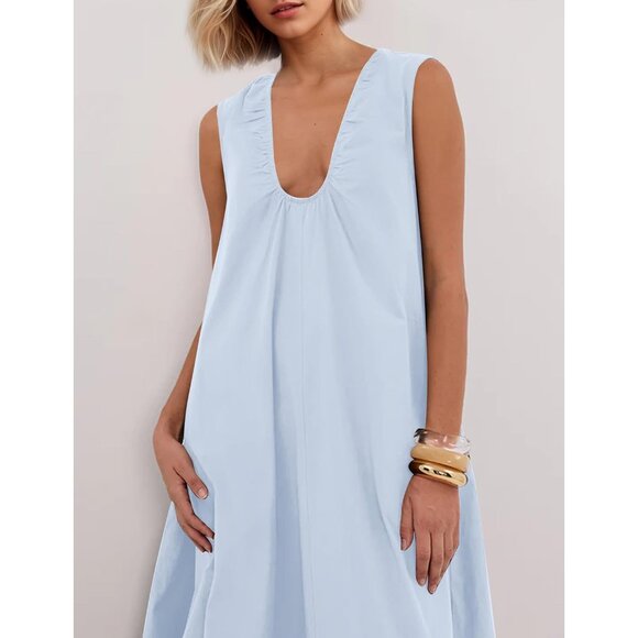 Women Cotton Maxi Dress Sleeveless Ruched Pockets Casual Vacation Summer - Picture 2 of 4